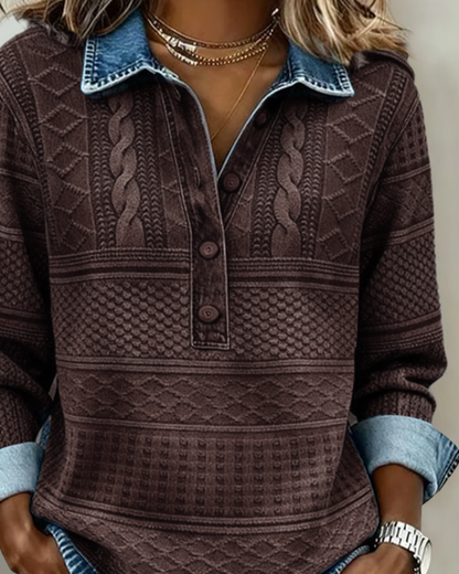 Femme Sweatshirt Manches Longues avec Col Polo et Boutonnage Demi