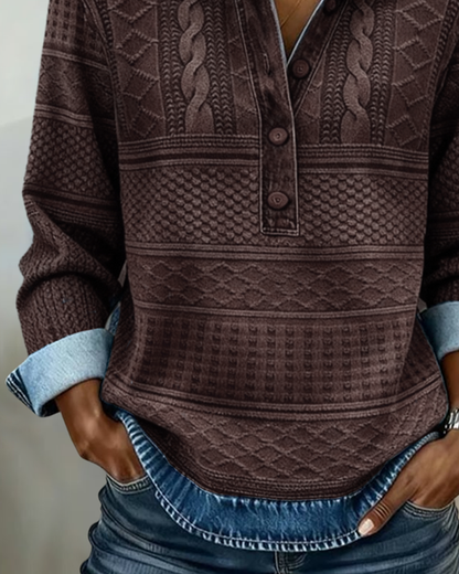 Femme Sweatshirt Manches Longues avec Col Polo et Boutonnage Demi