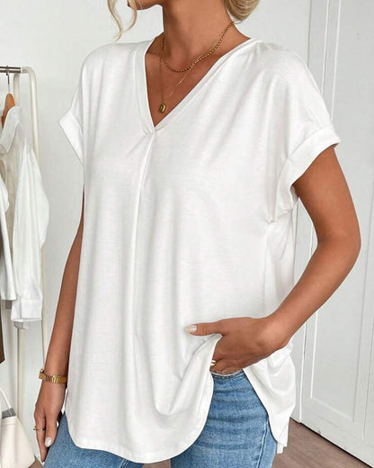 Femme T-shirt Manches Courtes avec Col en V et Dos Plissé