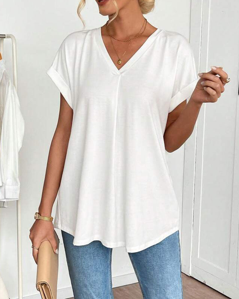 Femme T-shirt Manches Courtes avec Col en V et Dos Plissé