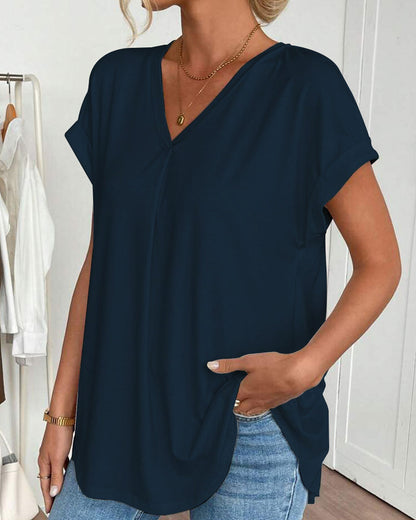 Femme T-shirt Manches Courtes avec Col en V et Dos Plissé