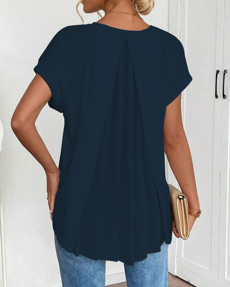 Femme T-shirt Manches Courtes avec Col en V et Dos Plissé