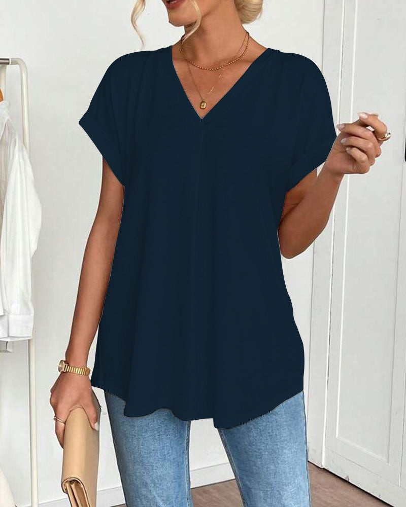 Femme T-shirt Manches Courtes avec Col en V et Dos Plissé