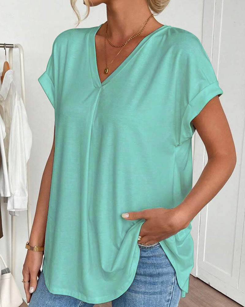 Femme T-shirt Manches Courtes avec Col en V et Dos Plissé