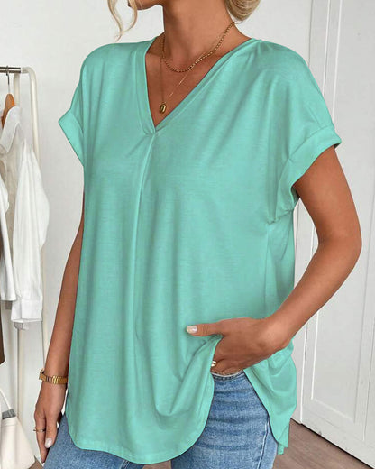 Femme T-shirt Manches Courtes avec Col en V et Dos Plissé