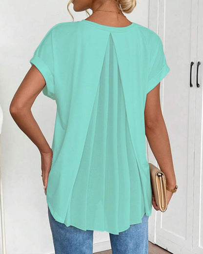 Femme T-shirt Manches Courtes avec Col en V et Dos Plissé