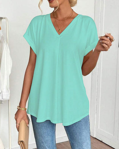 Femme T-shirt Manches Courtes avec Col en V et Dos Plissé