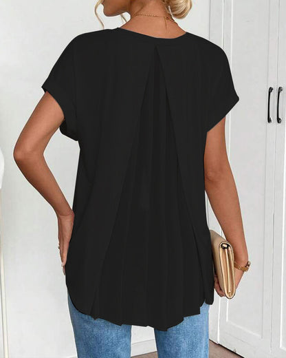 Femme T-shirt Manches Courtes avec Col en V et Dos Plissé
