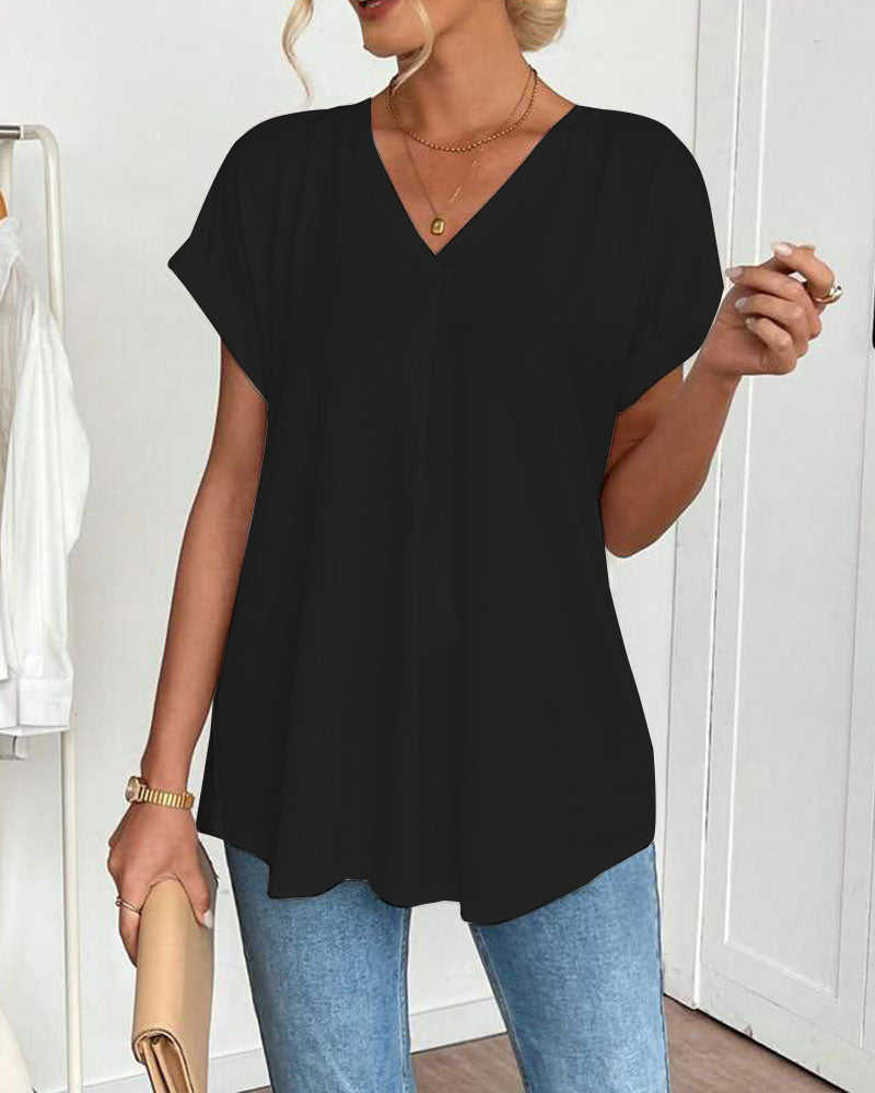 Femme T-shirt Manches Courtes avec Col en V et Dos Plissé