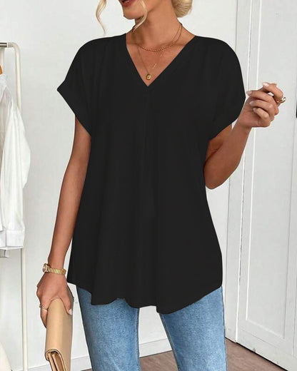 Femme T-shirt Manches Courtes avec Col en V et Dos Plissé