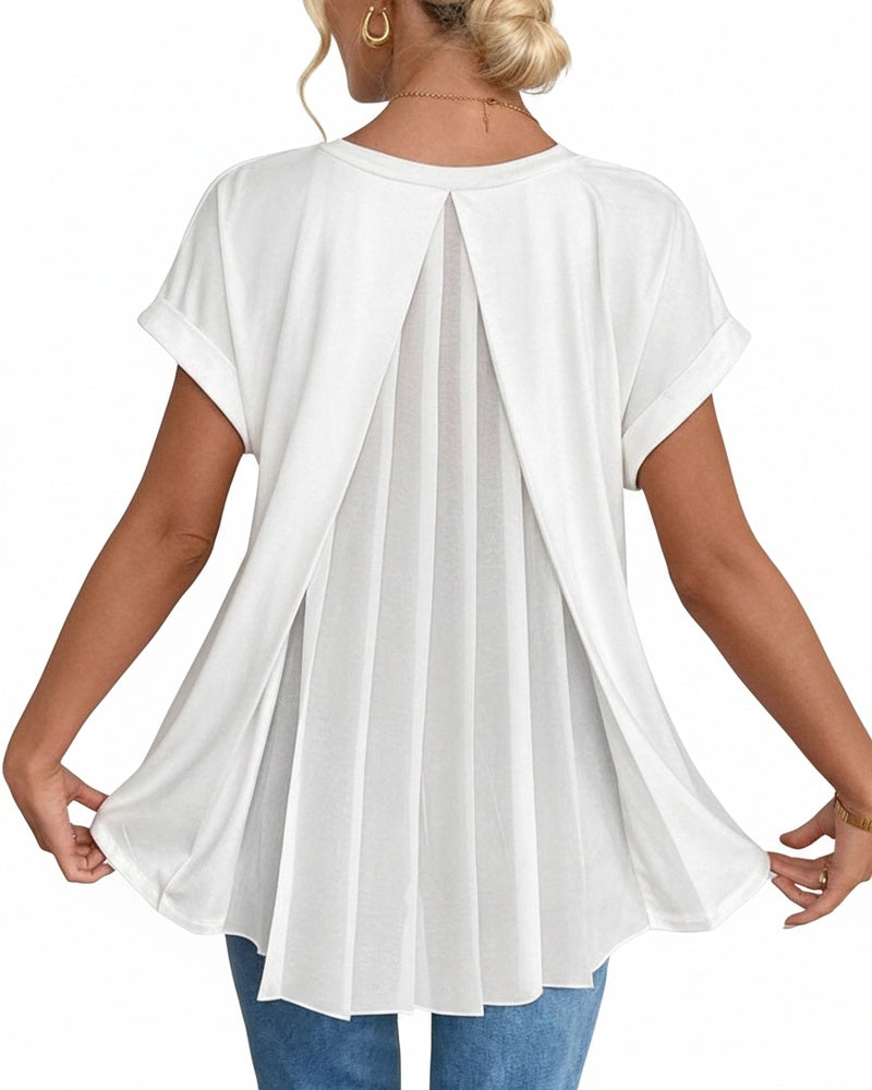 Femme T-shirt Manches Courtes avec Col en V et Dos Plissé
