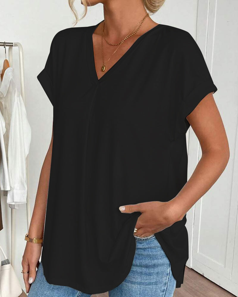 Femme T-shirt Manches Courtes avec Col en V et Dos Plissé