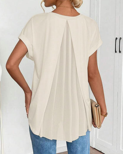 Femme T-shirt Manches Courtes avec Col en V et Dos Plissé