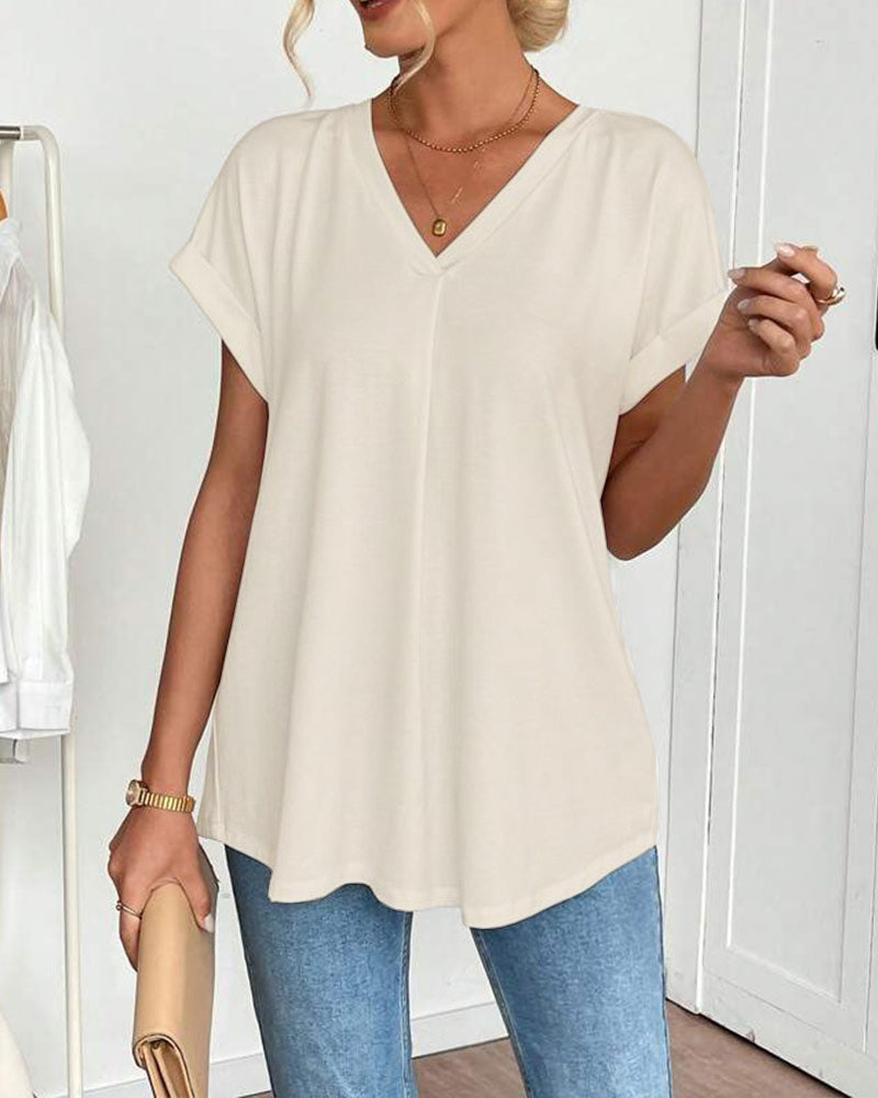 Femme T-shirt Manches Courtes avec Col en V et Dos Plissé