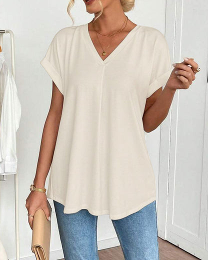 Femme T-shirt Manches Courtes avec Col en V et Dos Plissé