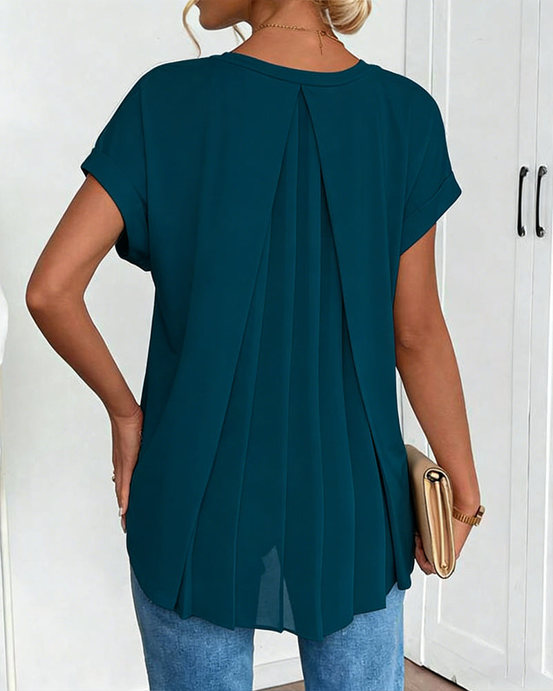 Femme T-shirt Manches Courtes avec Col en V et Dos Plissé