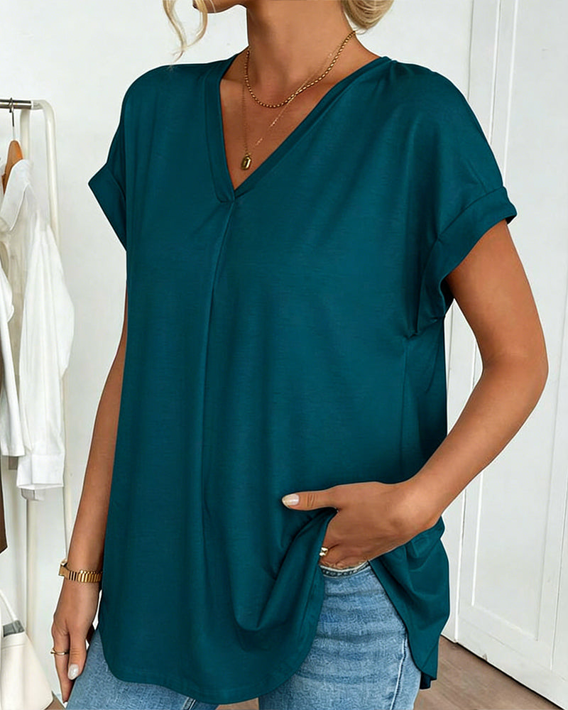 Femme T-shirt Manches Courtes avec Col en V et Dos Plissé