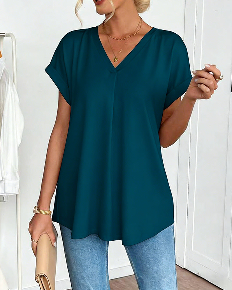 Femme T-shirt Manches Courtes avec Col en V et Dos Plissé