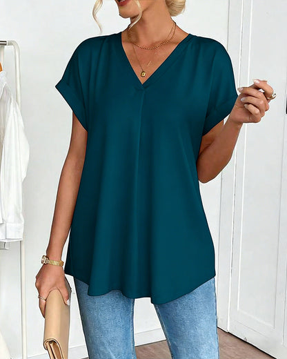 Femme T-shirt Manches Courtes avec Col en V et Dos Plissé