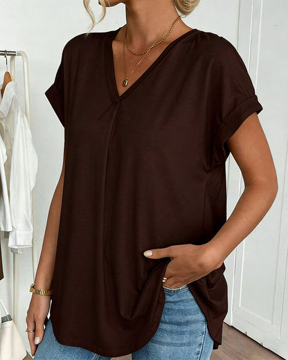 Femme T-shirt Manches Courtes avec Col en V et Dos Plissé