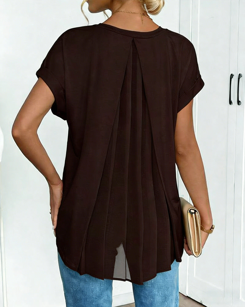 Femme T-shirt Manches Courtes avec Col en V et Dos Plissé