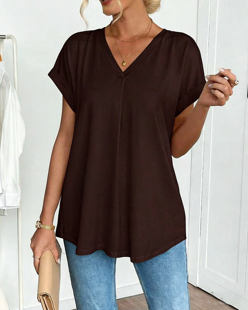 Femme T-shirt Manches Courtes avec Col en V et Dos Plissé