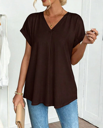 Femme T-shirt Manches Courtes avec Col en V et Dos Plissé