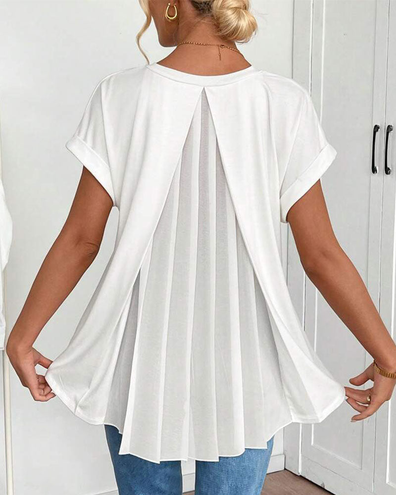 Femme T-shirt Manches Courtes avec Col en V et Dos Plissé
