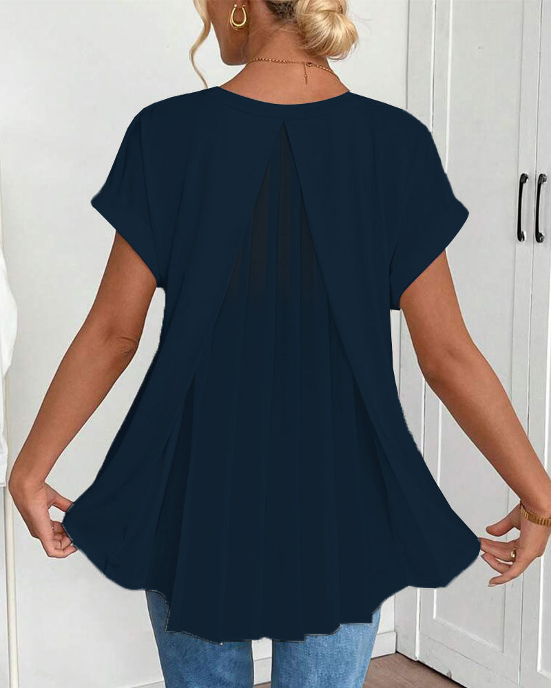 Femme T-shirt Manches Courtes avec Col en V et Dos Plissé