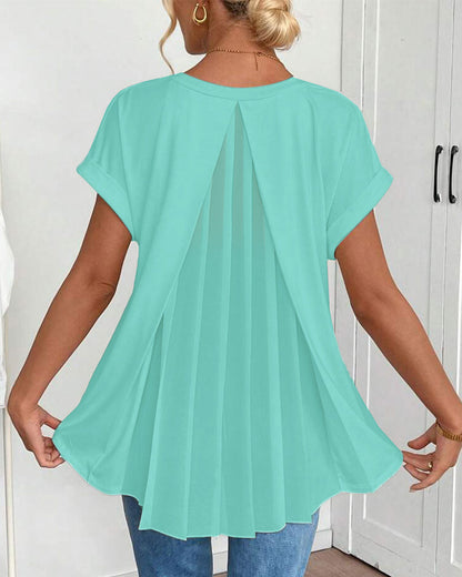 Femme T-shirt Manches Courtes avec Col en V et Dos Plissé