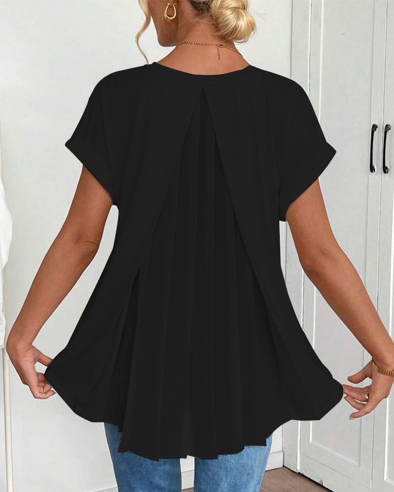 Femme T-shirt Manches Courtes avec Col en V et Dos Plissé