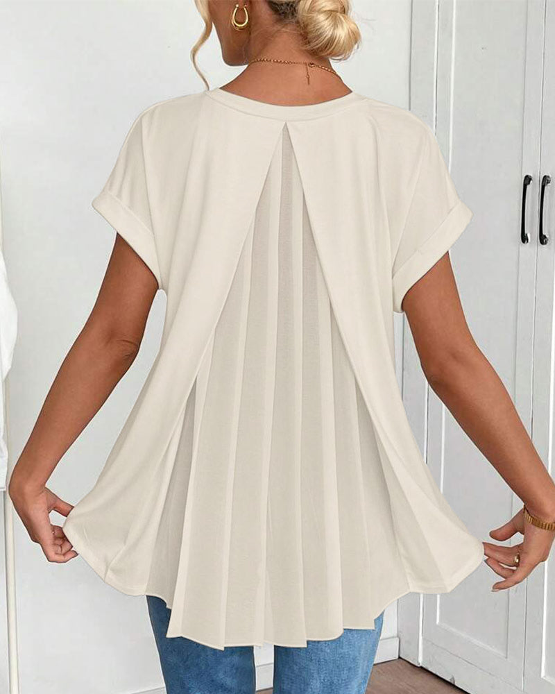 Femme T-shirt Manches Courtes avec Col en V et Dos Plissé