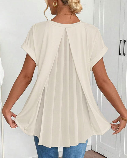 Femme T-shirt Manches Courtes avec Col en V et Dos Plissé