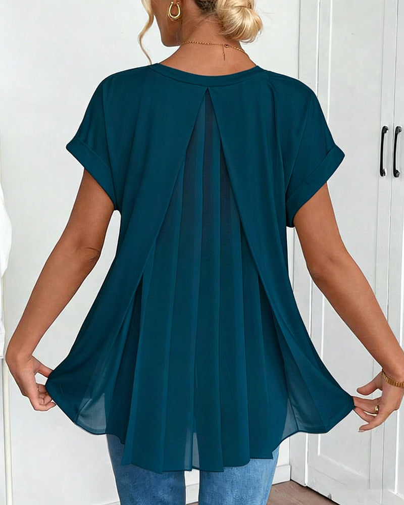 Femme T-shirt Manches Courtes avec Col en V et Dos Plissé