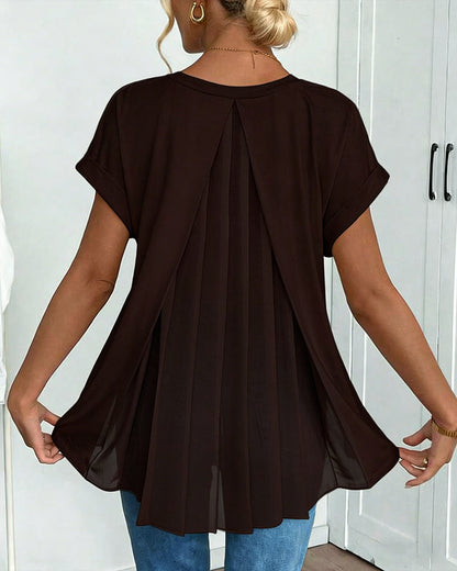 Femme T-shirt Manches Courtes avec Col en V et Dos Plissé