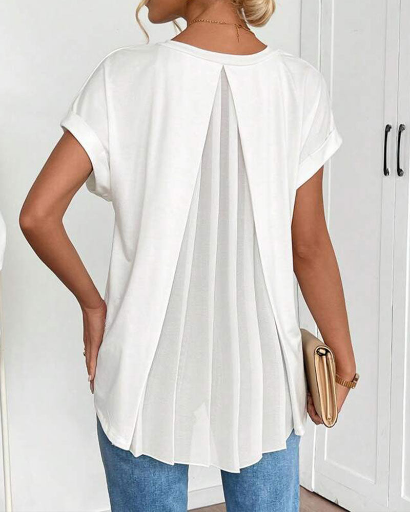 Femme T-shirt Manches Courtes avec Col en V et Dos Plissé