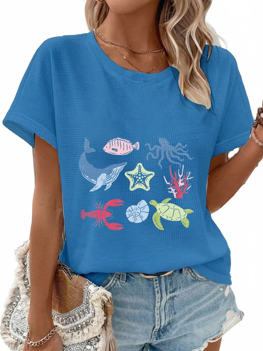 Femme T-shirt Manches Courtes col Rond avec Imprimé Monde Sous-Marin