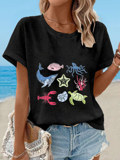 Femme T-shirt Manches Courtes col Rond avec Imprimé Monde Sous-Marin