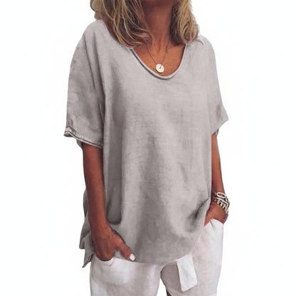 Femme T-Shirt Manches Courtes Oversize avec Col Rond et Fentes Latérales