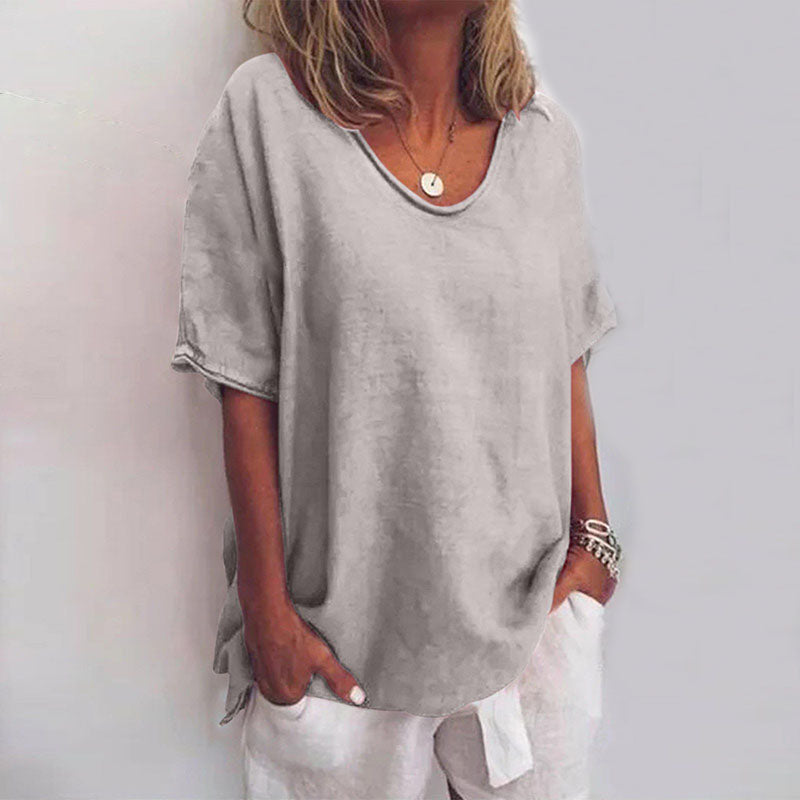 Femme T-Shirt Manches Courtes Oversize avec Col Rond et Fentes Latérales