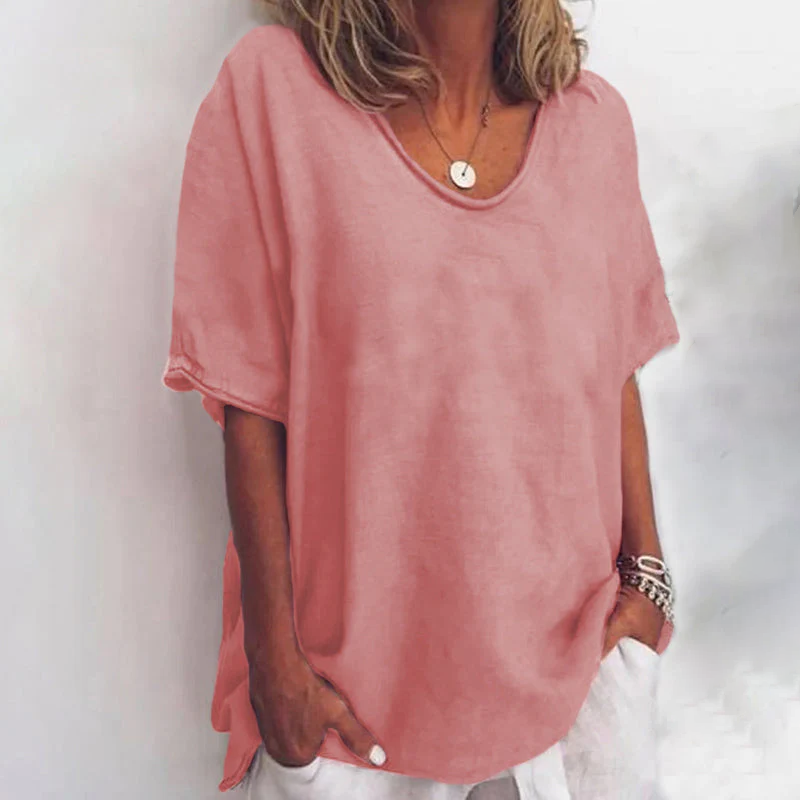Femme T-Shirt Manches Courtes Oversize avec Col Rond et Fentes Latérales