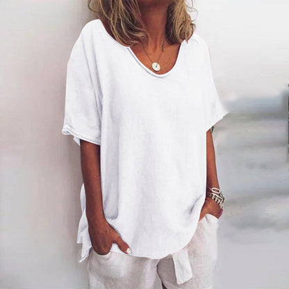 Femme T-Shirt Manches Courtes Oversize avec Col Rond et Fentes Latérales