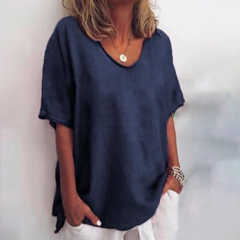 Femme T-Shirt Manches Courtes Oversize avec Col Rond et Fentes Latérales