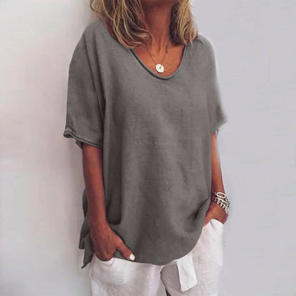 Femme T-Shirt Manches Courtes Oversize avec Col Rond et Fentes Latérales