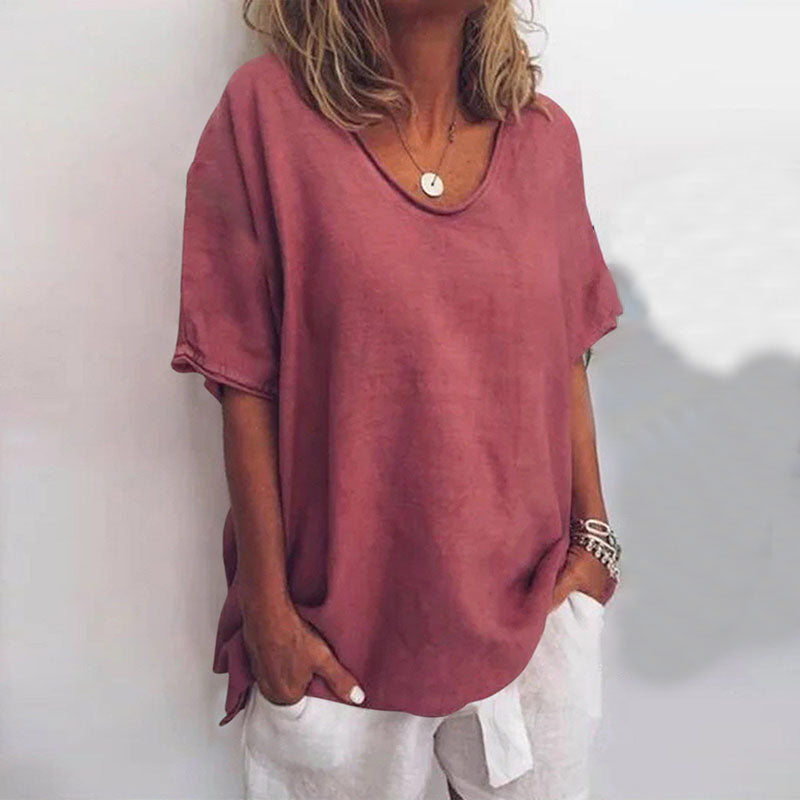 Femme T-Shirt Manches Courtes Oversize avec Col Rond et Fentes Latérales