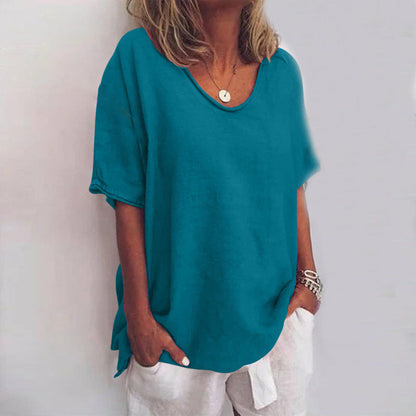 Femme T-Shirt Manches Courtes Oversize avec Col Rond et Fentes Latérales
