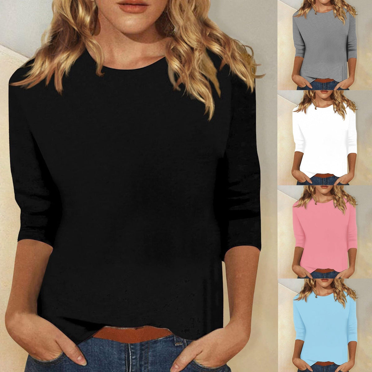 Femme T-shirt Manches Trois-Quarts avec Col Rond