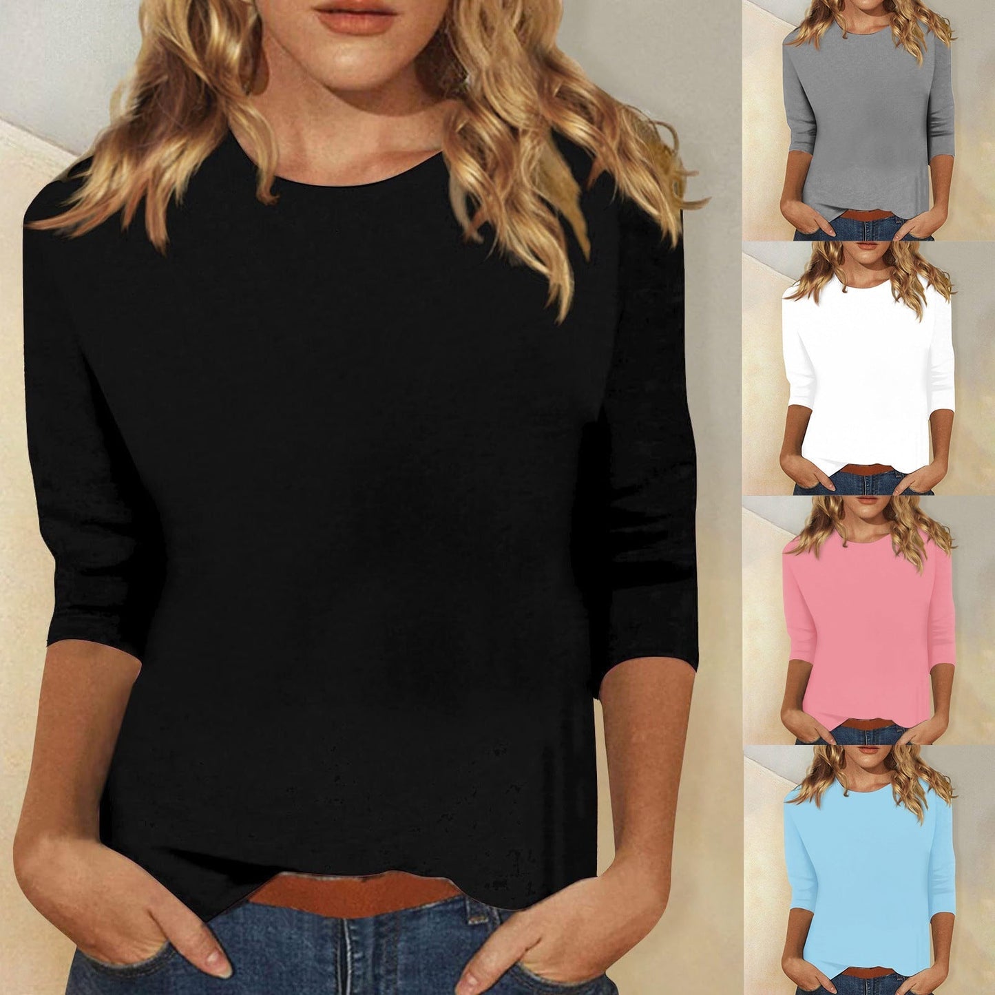 Femme T-shirt Manches Trois-Quarts avec Col Rond