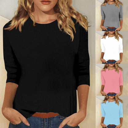 Femme T-shirt Manches Trois-Quarts avec Col Rond
