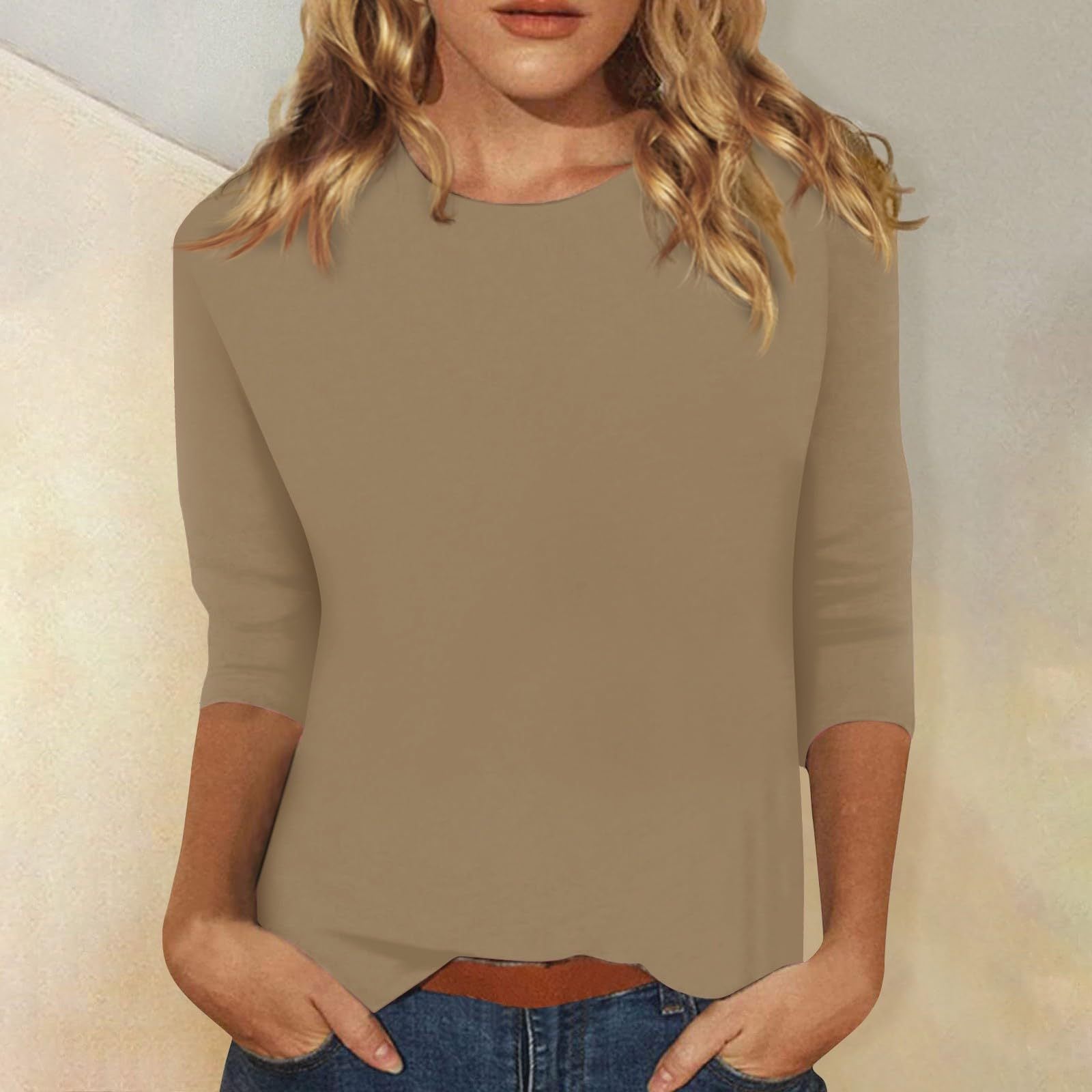 Femme T-shirt Manches Trois-Quarts avec Col Rond
